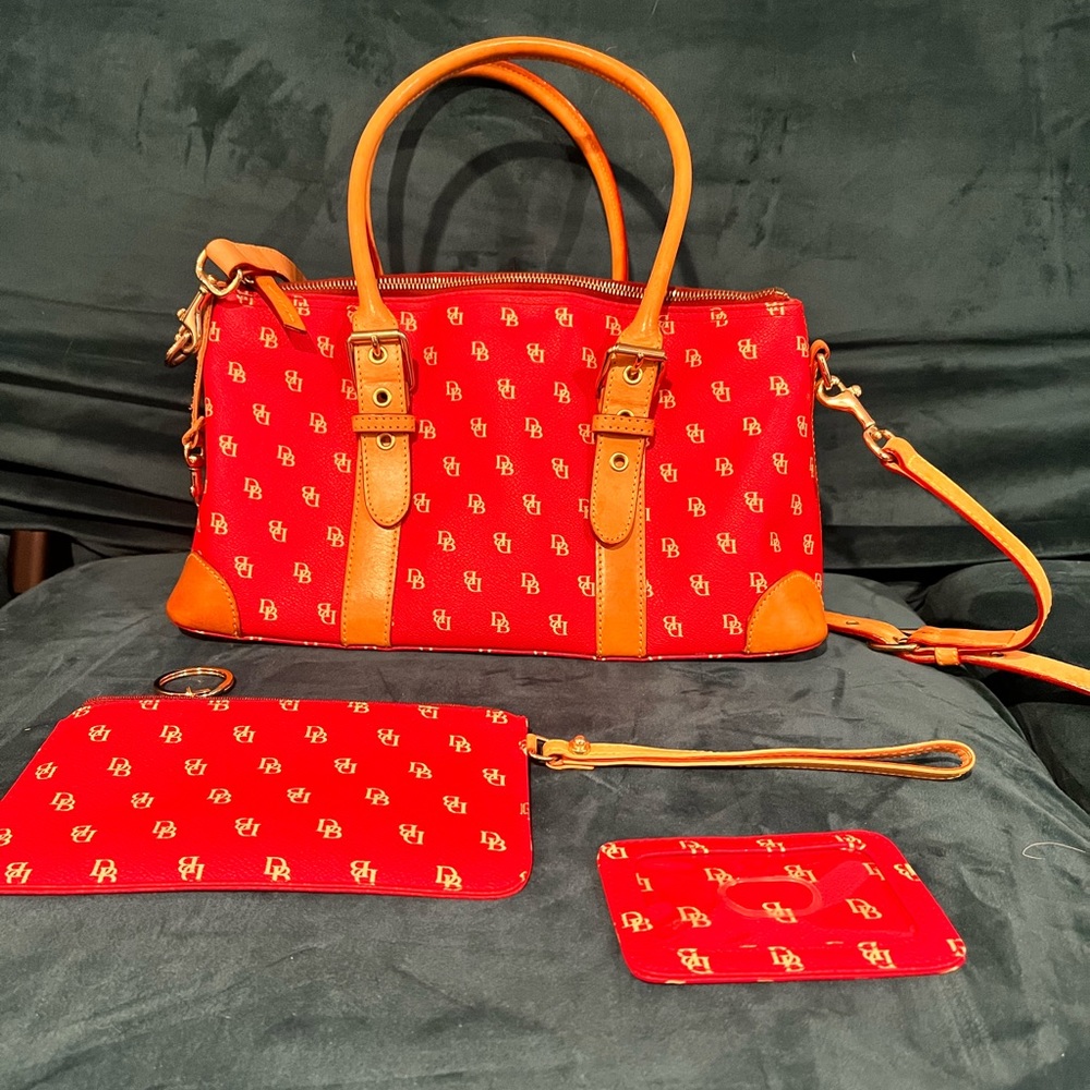Dooney and Bourke - Red Monogram Domed Satchel + Wristlet + ID holder bundle